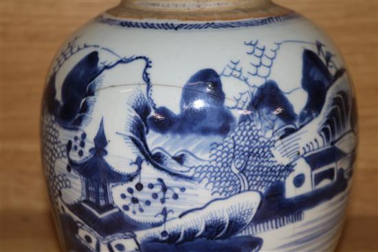 A 19th century Chinese famille rose dish and a blue and white jar dish diameter 23cm
